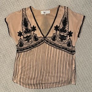 Beyond Vintage Black Beaded Silk Blouse Short Sleeve V Neck Dressy Holiday Top S